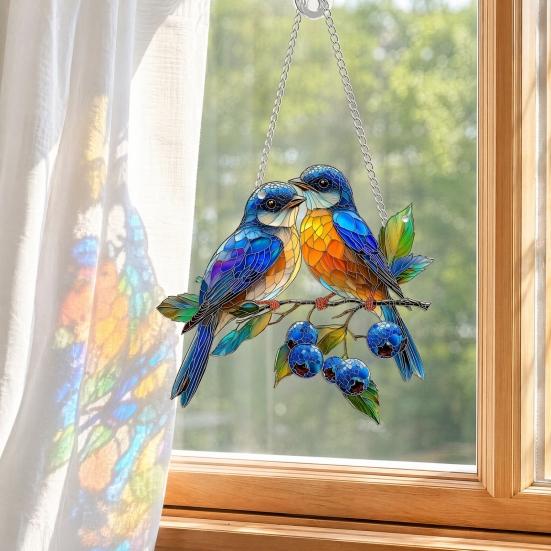 Red Bird Sun Catcher, 2D Acrylic Bird Hanging Decoration, Stained Glass Style Bluebird Suncatcher for Indoor Window Front Porch Decor