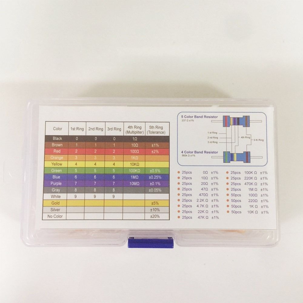 525pcs 17 Values Resistors Assortment Kit 0.25W 1/4W Resistors Metal Film Resistor Kit  Electronics