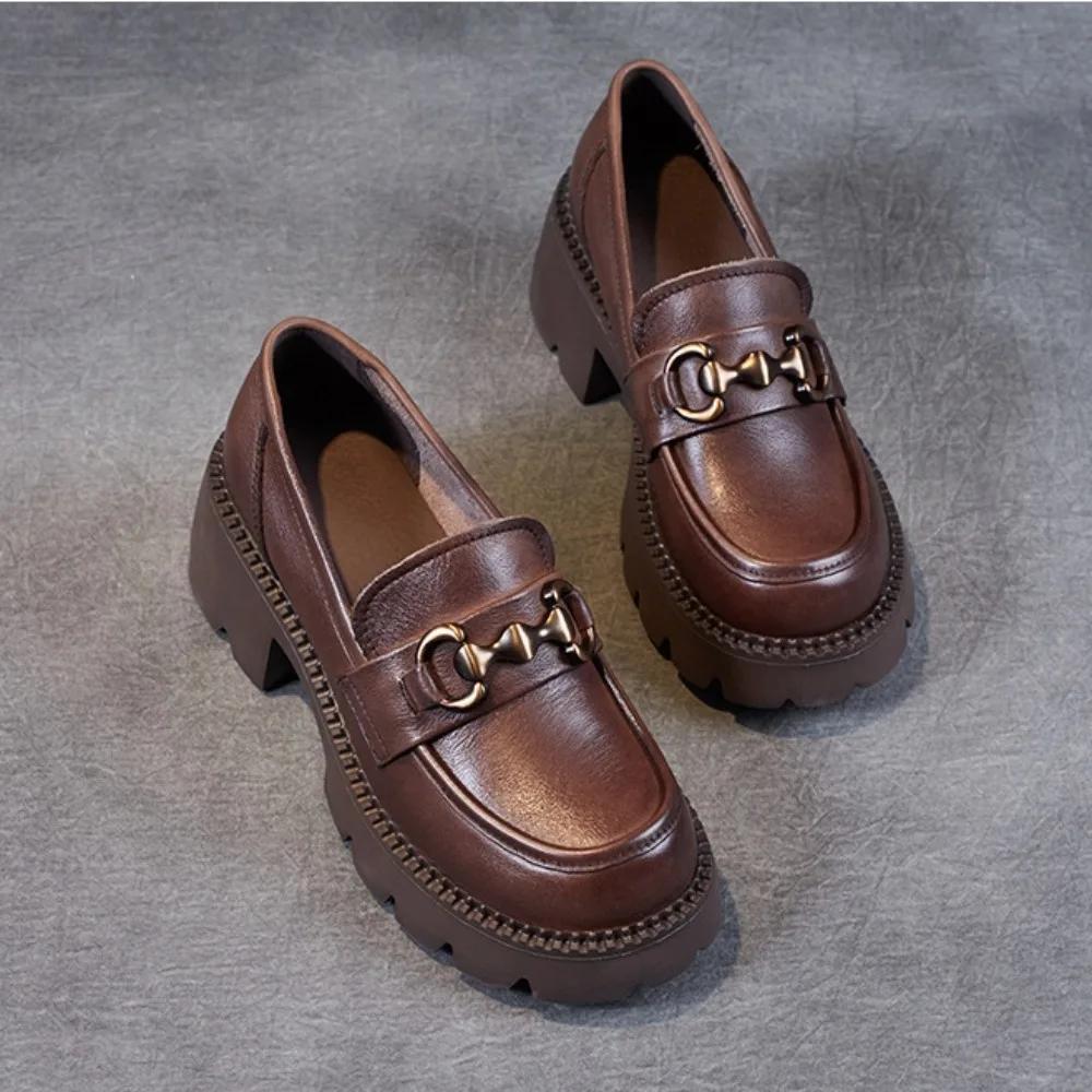 Platform Shoes Spring Summer Genuine Leather Loafers Women'S Metal Buckle Single Shoes Elevated Thick Sole Small Leather Shoes