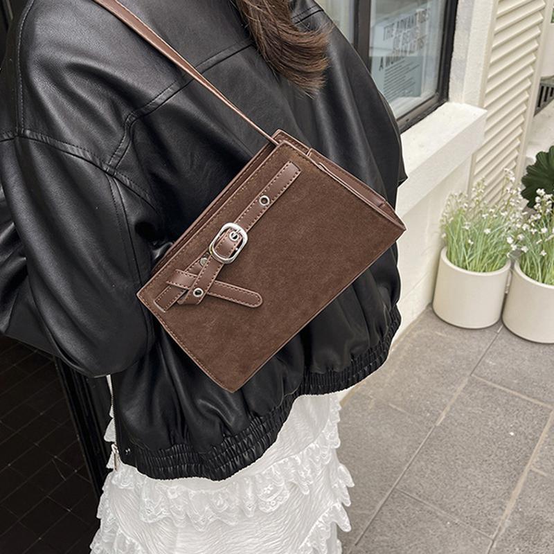 Yogodlns Retro Suede One Shoulder Bags for Women Early Autumn Square Frosted Solid Zipper Crossbody Bag Versatile Commute Handbags