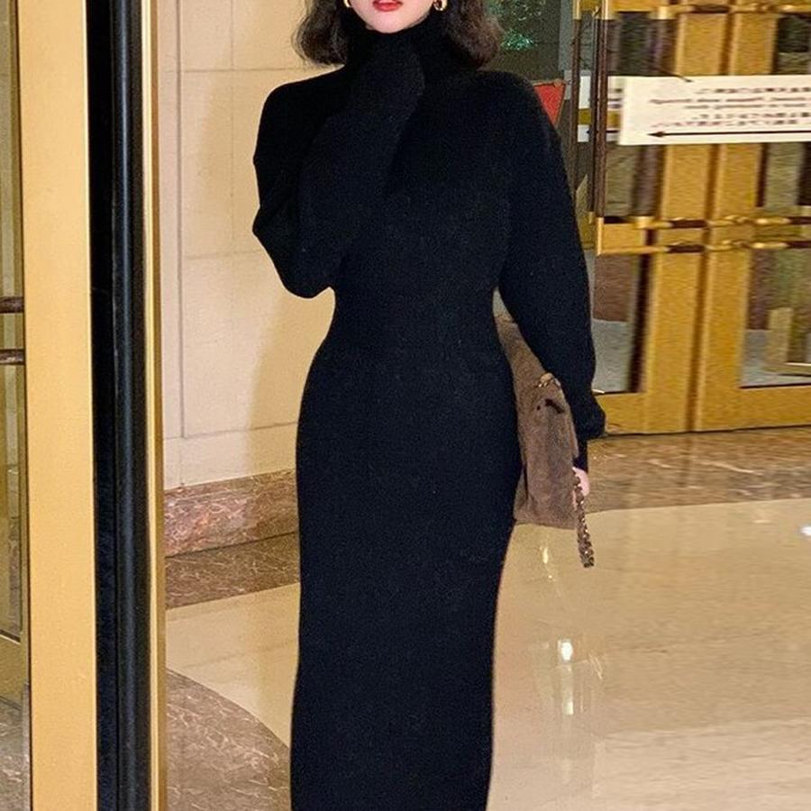 Long-Sleeve High Neck Knit Dress with Wide Leg, Korean Style Inner Dress for Women Autumn Winter