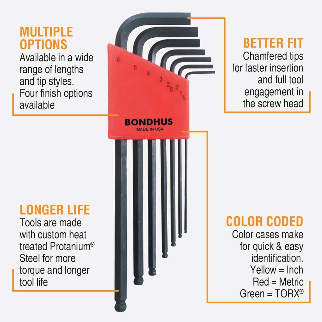 Made In USA BONDHUS Hex Ball Point Long Black Oxide Set BLX7M 10992 L-Wrench Set, Finish, 7-Piece (1.5, 2, 2.5, 3, 4, 5, 6mm) No.