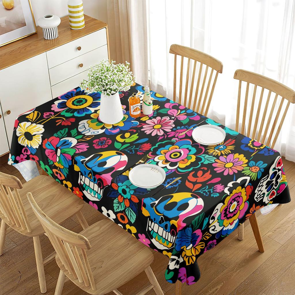 New Dining Table Cloth Tablecloth Waterproof Skull Flower Rectangular High-end Decorative Tablecloth Beach