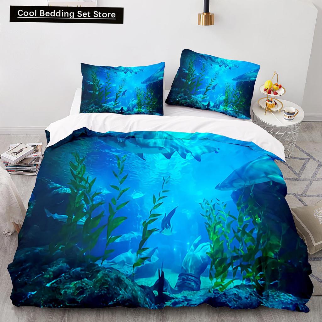 Underwater World King Queen Duvet Cover Cartoon Ocean Animal Bedding Set for Kids Fish Coral Sea Life Soft Polyester Quilt Cover