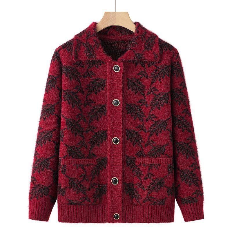 

Женские топы для пожилых и среднего возраста, бабушкин вязаный жакет, свитер для мамы, с длинным рукавом, кардиган на осень-зиму XL красный