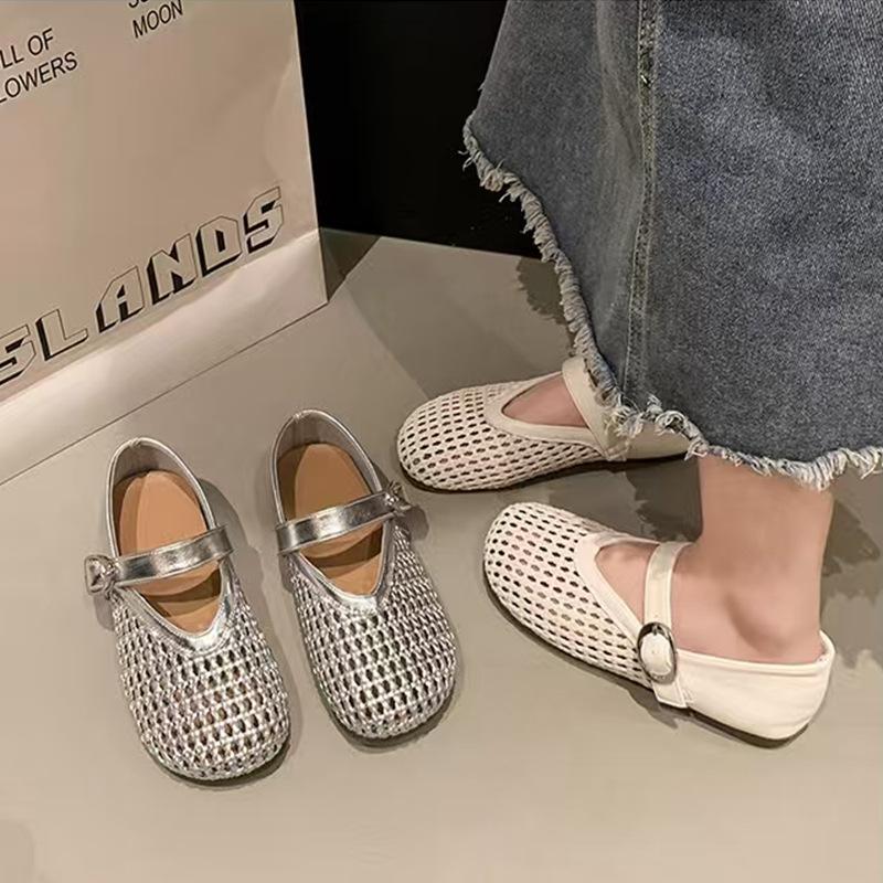 Mary Jane Single Shoes Women's Shoes 2025 Summer New Flat-soled Soft-soled Mesh Hollow Shoes Woven Fishing Net Shoes Sandals