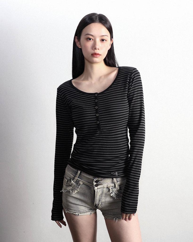Maegolenseoul Henley Neck Long Sleeve Striped Black