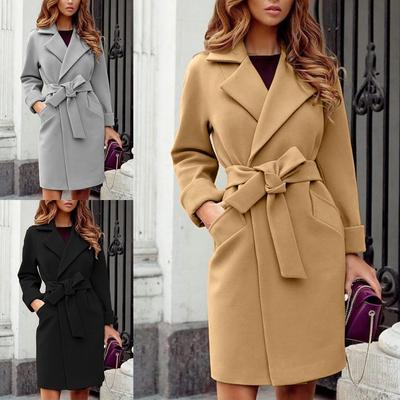 Autumn And Winter Fashion Slim Belt Lapel Woolen Coat