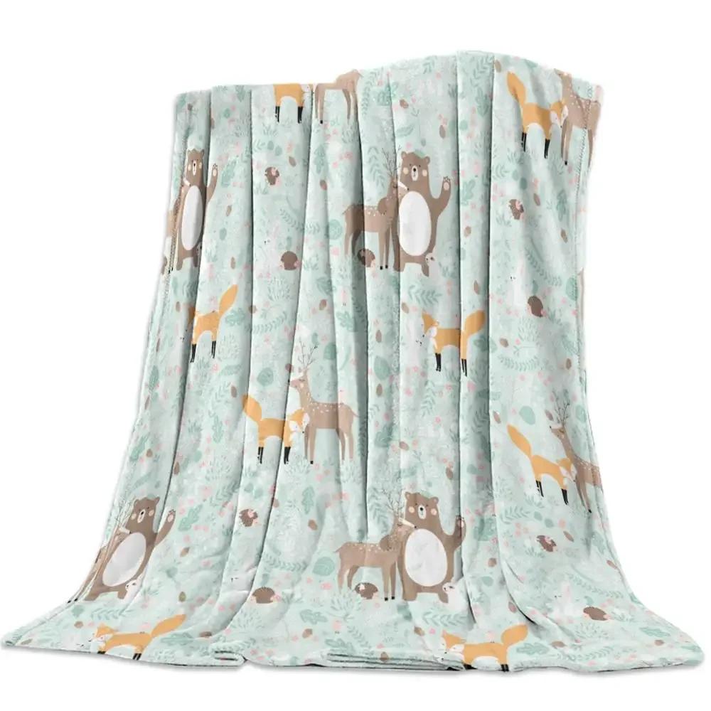 Flannel Blanket for Bed Cartoon Forest Animal Tree Fox Bear Rabbit Kids Throw Blanket Portable Super Soft Blanket Warm King Size