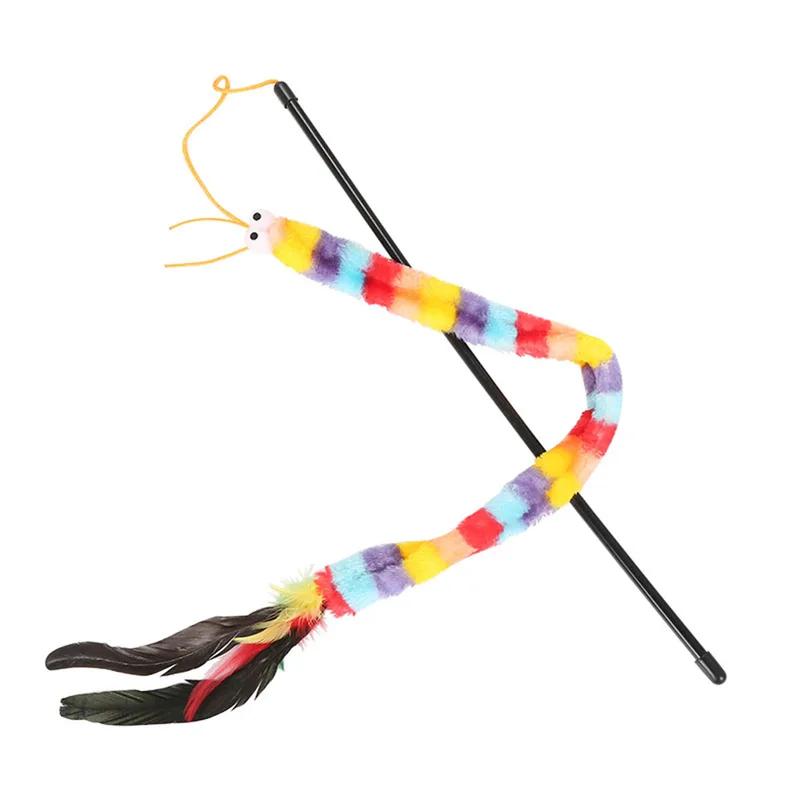 Rainbow Caterpillar Cat Teaser Toy Interactive Plush Wand with Feathers for Kittens Indoor Play