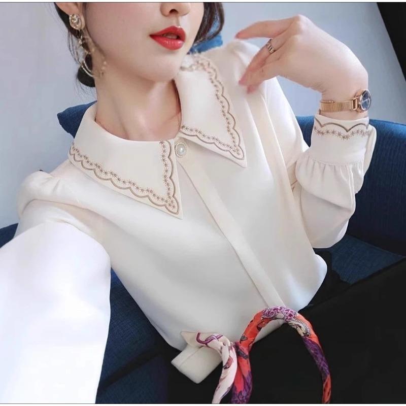 Women's Beige Peter Pan Collar Blouse Embroidered Detail Long Sleeve Elegant Casual Office Top For Daily Wear
