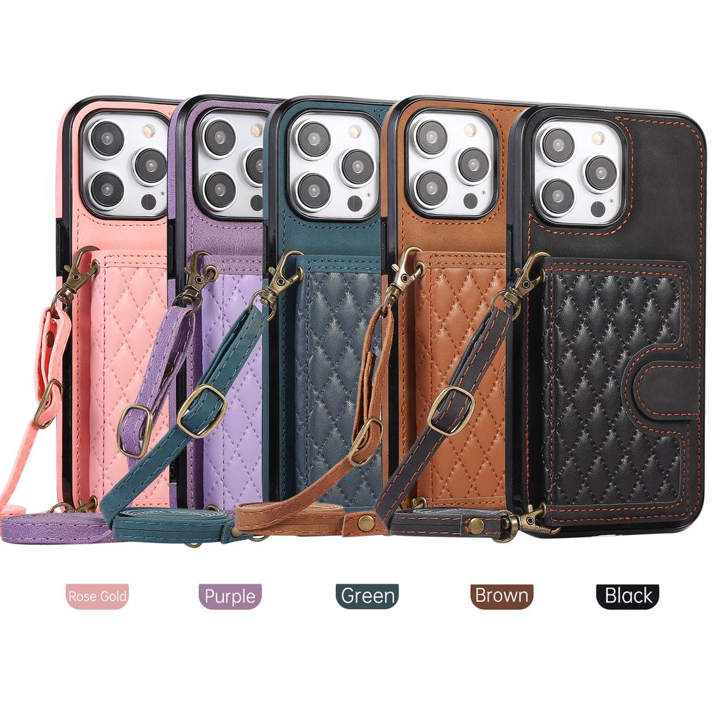 Applicable to iphone16 rhombus messenger card bag, mobile phone case, Samsung S25 wallet, mobile phone case, women's back strap case A56.