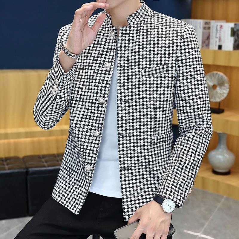 

2023 Мужской клетчатый пиджак с воротником-стойкой Молодежные модные пиджаки для отдыха с несколькими пуговицами