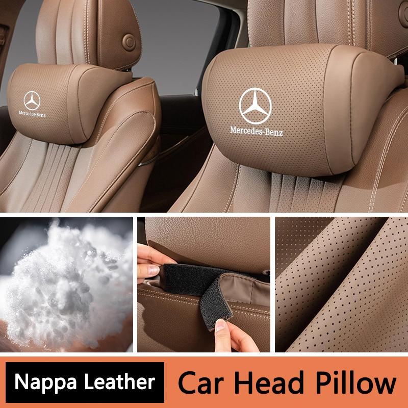 PZQ2 Napa Leather Car Headrest Auto Logo Seat Neck Pillow Head Support Breathable For Mercedes Benz AMG W205 W168 W213 W210 W222 CLK