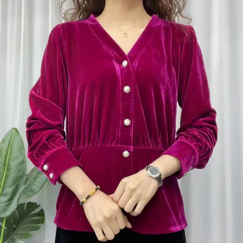 

Женская винтажная однобортная рубашка с v-образным вырезом, весенне-осенняя универсальная однотонная блузка с длинными рукавами для женщин 4XL розы красного