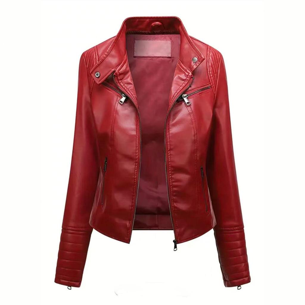 Cross-border European and American style slim-fit short PU leather jacket women's locomotive jacket stand-up collar zipper fashion versatile spring a