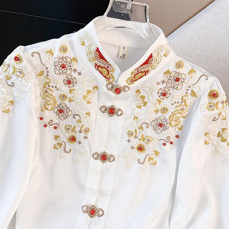 Authentic New Chinese Style Stand Collar Embroidered Shirt with Frog Buttons & Horse Face Skirt - Long Sleeve National Style Top