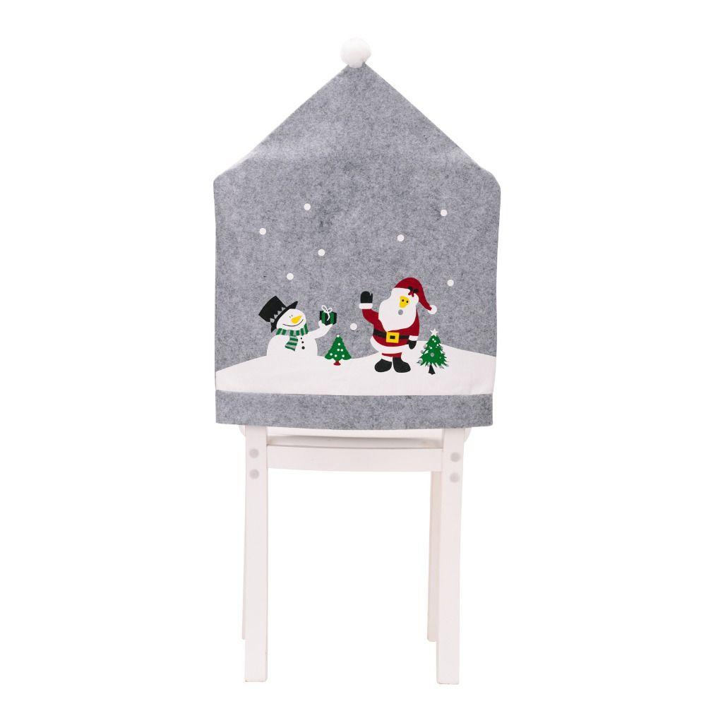 Non-woven Christmas Hat Chair Cover Grey Chair Slipcovers Protectors Xmas Dinner Chair Seat Cover Removable Santa Claus Snowman