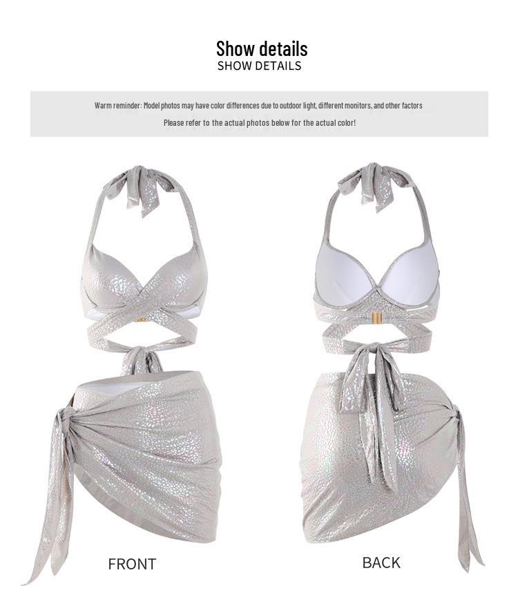 Dámská třídílná bikiny sada v japonském a korejském stylu 2024: Sexy na ramínka, zeštíhlující, rozparkové plavky na dovolenou nebo do horkých pramenů