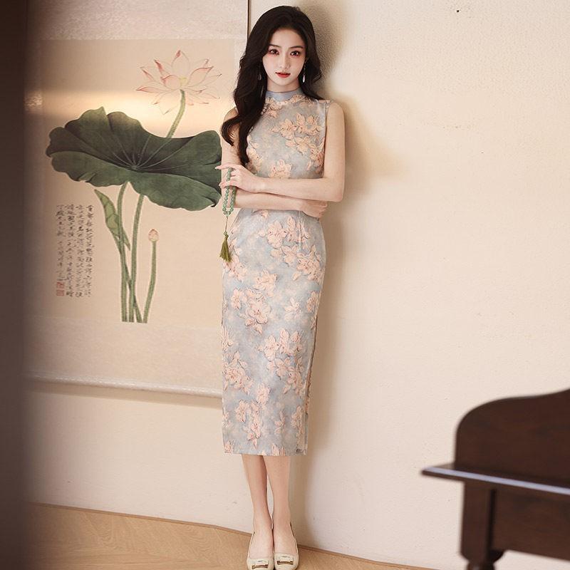 Blue Sleeveless Modern Chinese-Inspired Long Cheongsam Dress Women 2026 Stylish Retro Fit Small