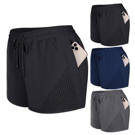 Hidden Zipper Pockets Loose Lounge Shorts with Breathable Holes Women Running Elastic Waist Drawstring Yoga Shorts Female Clothing