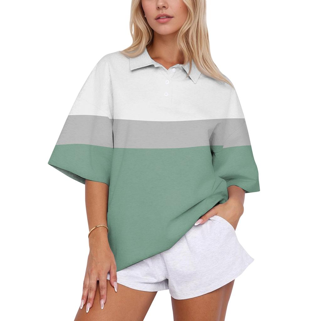 Top Casual da Donna con Colletto a Polo, Vestibilità Larga, Manica Corta, Pullover a Righe, Vestibilità Rilassata, Camicia Leggera per l'Uso Quotidiano