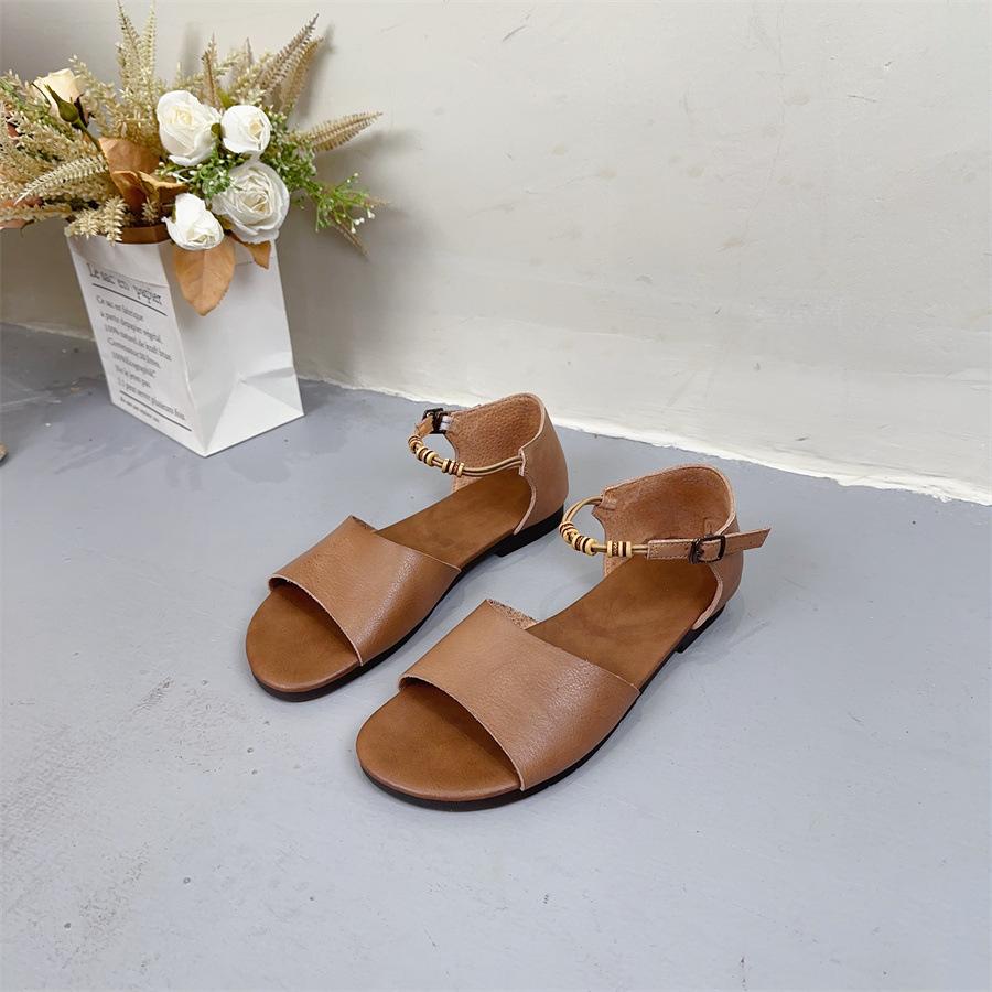 Johnature Genuine Leather Flat Sandals Handmade Leisure Peep Toe Belt Buckle Soft Sole Women's Shoes