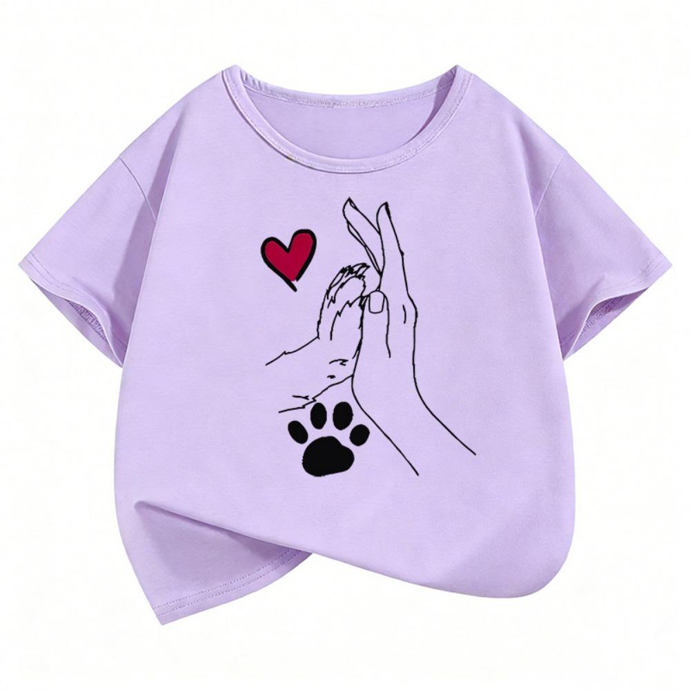 Cute Cat Paw Heart Kids Tshirts Summer Short Sleeve Tees Cartoon Boys Girls Clothes Kawaii Tops Y2K Children T-shirt