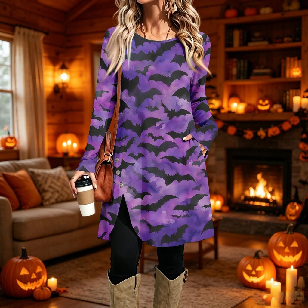Women's Casual Printed Long Sleeve Neck Dress for Daily Wear