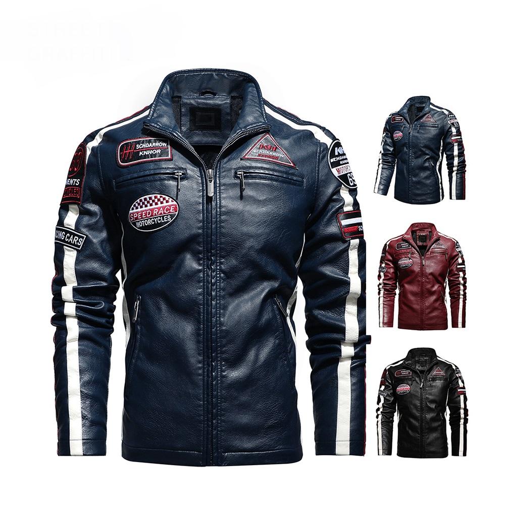 Men Motorcycle Jacket Winter Men Faux Pu Leather Jacket Casual Embroidery Coat Zipper Fleece Jacket