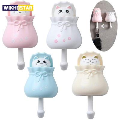 Cute Cat Hooks Creative Adhesive Coat Hook Decorative Hooks Key Holder Wall Mounted Adhesive Coat Hanger Storage Rack Organizer