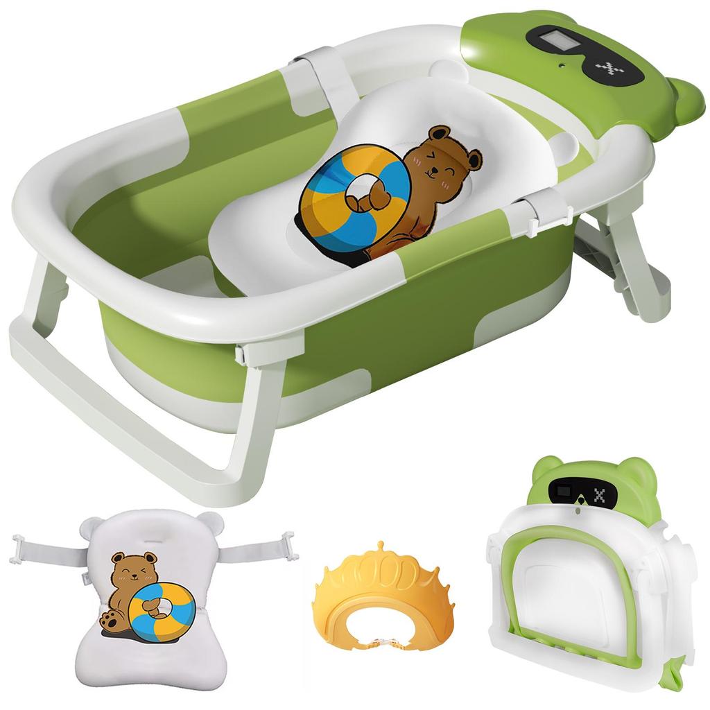 Foldable Baby Bathtub for Infants To Toddler, Portable Travel Bathtub with Thermometer & Bath Cushion & Bath Cap, Baby Bathtub for Newborn 0-36 Month