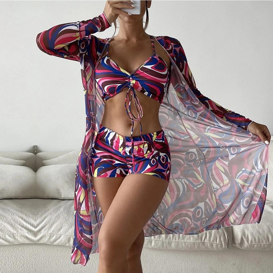 Msfilia Women's Swimsuit Split Three Piece Set High Waist Long Sleeve Ins Overshirt Drawstring Printed Bikini Suits