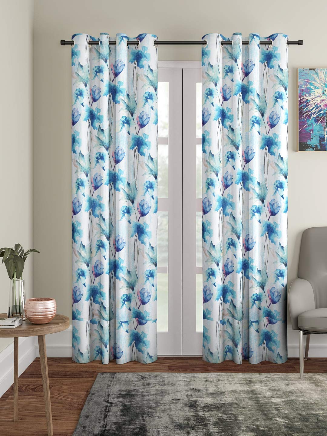 

Home Sizzler 2 Pieces Abstract Flower Eyelet Polyester Semi- Transparent Door Curtains, Blue Window - 9 feet синій