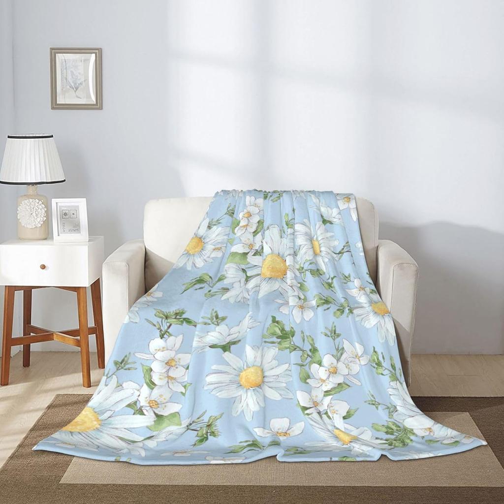 Daisies and Watercolor Wildflowers Fleece Throw Blanket Ultra Soft Cozy Decorative Flannel Blanket for Home Bed Couch Chair Trav