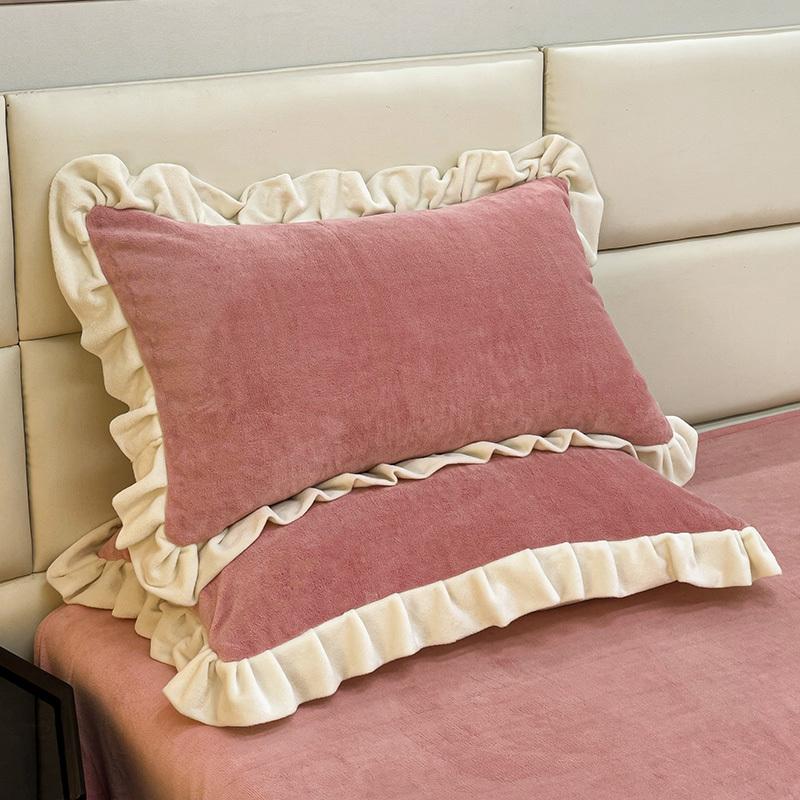 2PCS Winter Milk Fleece Pillowcase Thickened Pair 48x74CM Lace Solid Color Girls Pillowcase