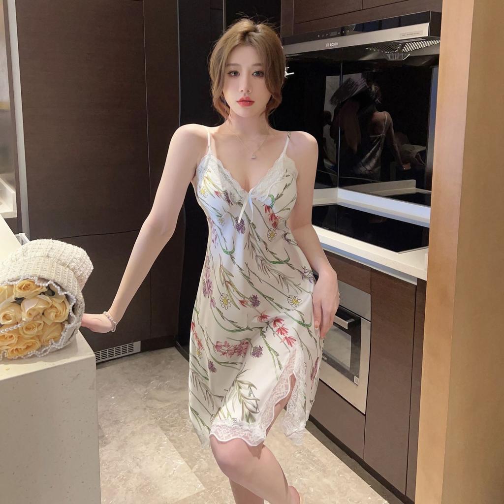 Neues sexy Nachthemd Eis Seide Sommer Träger Pyjama mit Brustpolster Druck reine Lust Loungewear