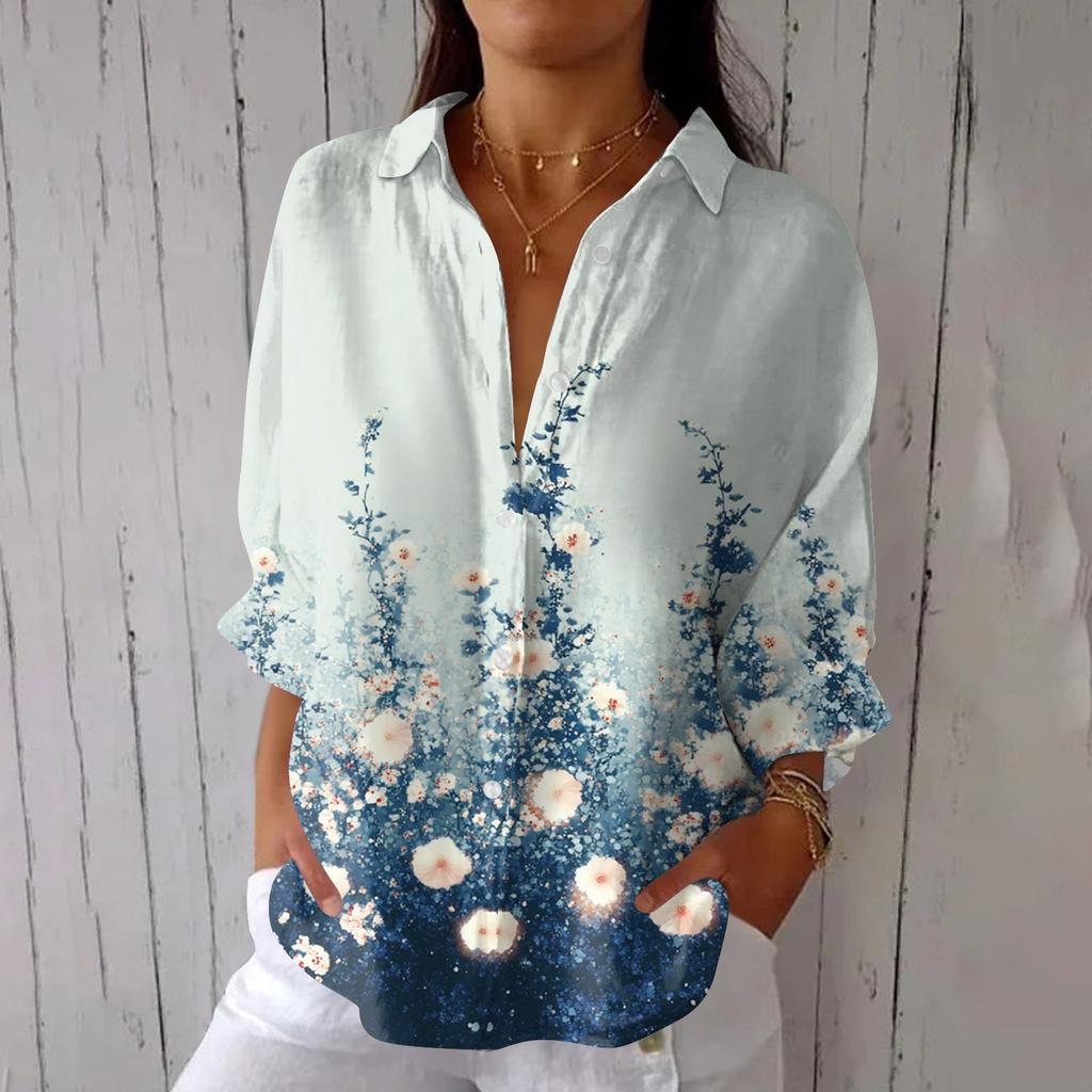 Women's Fashion 3/4 Sleeve Casual Lapel Back Tie- Floral Print T-Shirt Top