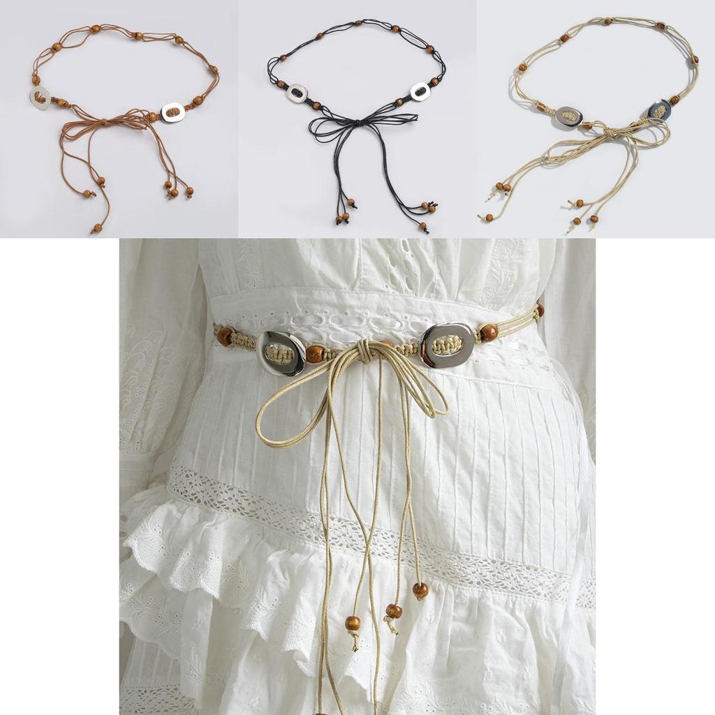 Ethnic Woven Waist Tie With Wooden Beads For Boho Chic Summer Dresses And Casual Looks