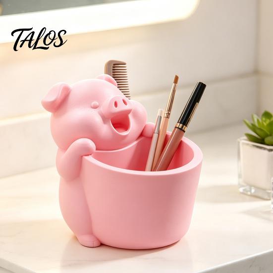 Playful Desk Decoration 3D Printed Cute Piggy Storage Pot, Cartoon Pig Shaped Pen Holder, Makeup Brush Cup for Vanity Organizer, Multifunctional