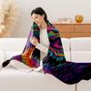 1Pc Multicolor Neon Rainbow Dragon Scale Plush Fleece Blanket - Heavy-Duty All-Season Bedspread With Chinese-Inspired Black Back