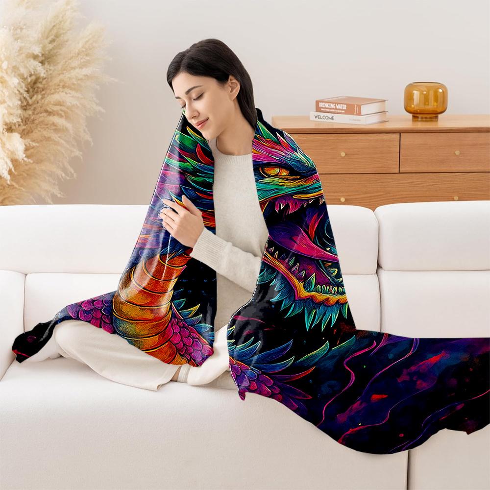 1Pc Multicolor Neon Rainbow Dragon Scale Plush Fleece Blanket - Heavy-Duty All-Season Bedspread With Chinese-Inspired Black Back