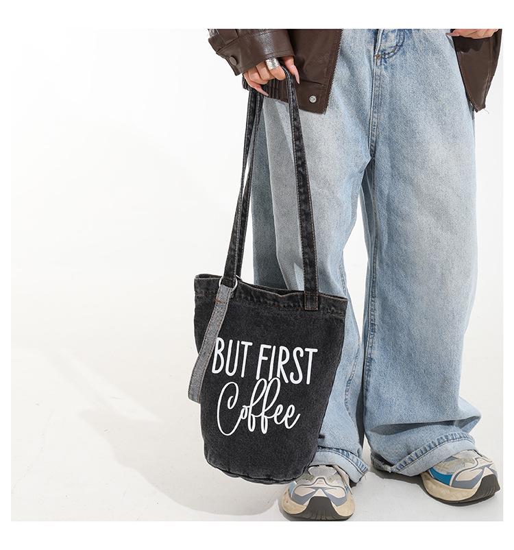 Retro Washed Denim Crossbody Handbag - Large Capacity, Printed Single-Shoulder Bag