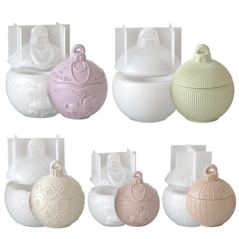 Round Candle Jar Silicone Mold Diy Christmas Ball Relief Storage Box Molds For Concrete Plaster Resin Crafts Home Xmas Decor