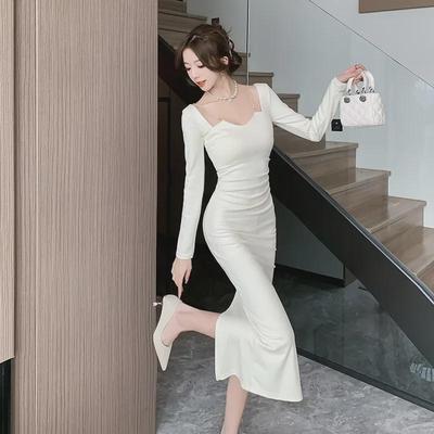 Σικ Γαλλικό Φόρεμα Βραδινό Bodycon με Τετράγωνη Λαιμόκοψη και Σκίσιμο