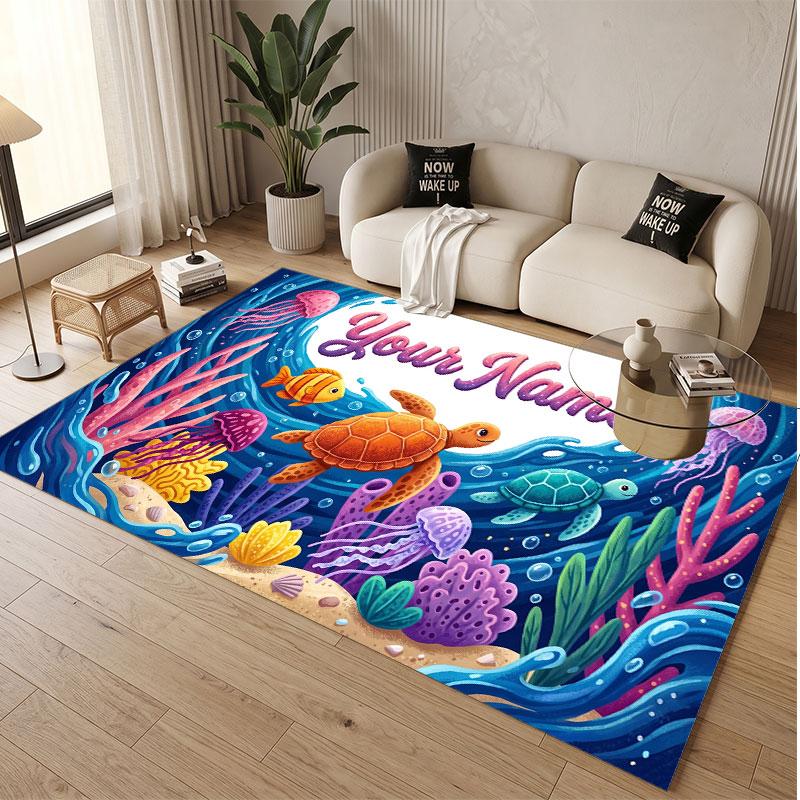 Fish Ocean Theme Soft Crystal Velvet Rug Custom Name & Text Print Non Slip Floor Rug for Bedroom Living Room