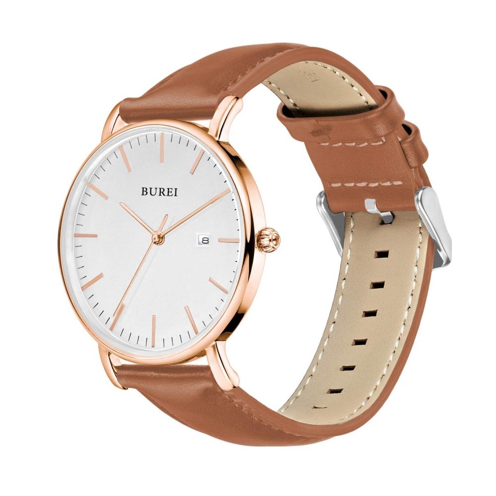 [BUREI] Leather Men's Simple Business Waterproof Analog Men's Arm Watch Stylish Popular Date Business Brand Men's Thin Men's Watch M