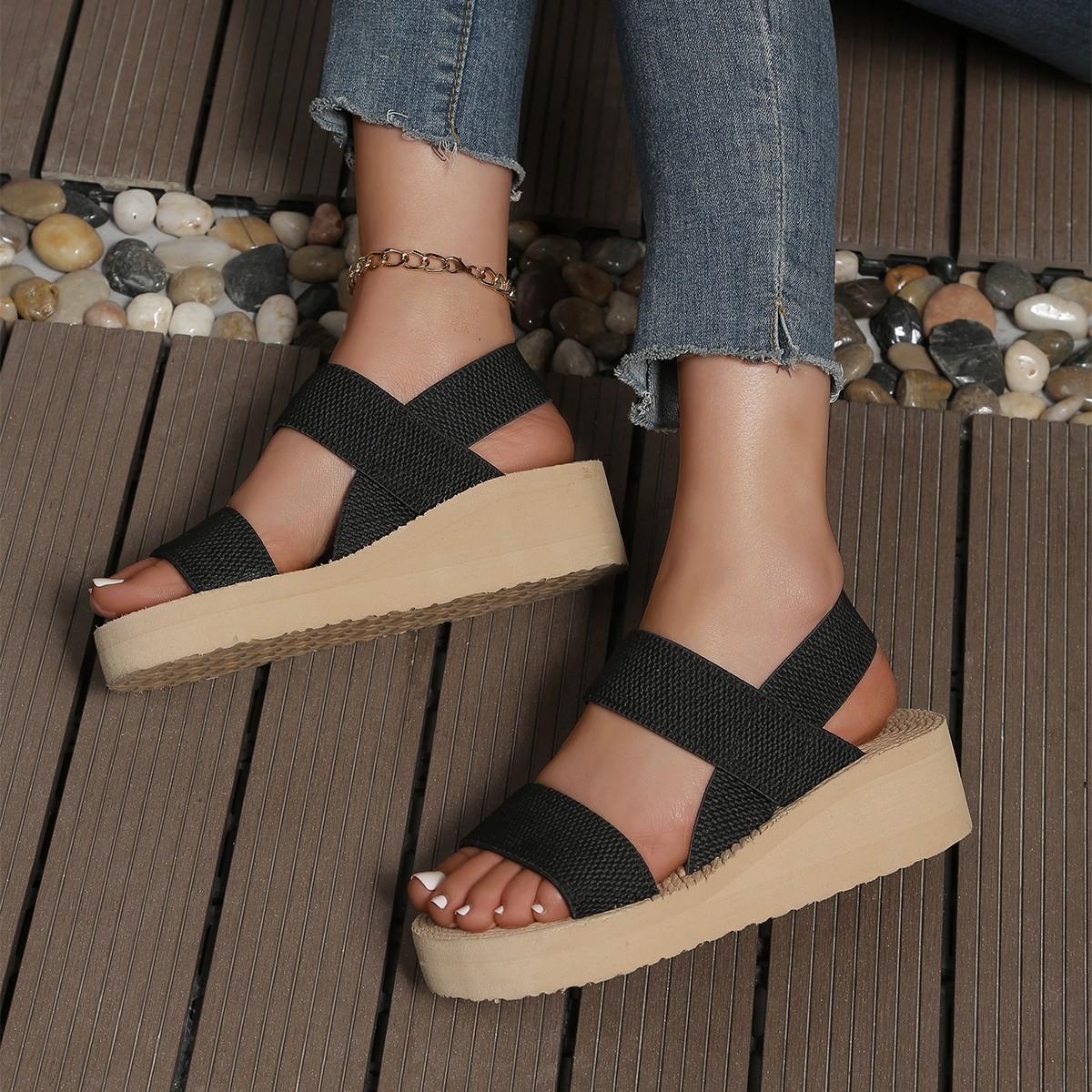 

Новые минималистичные босоножки на танкетке с пяткой на пятке, уличные летние легкие шлепанцы, однотонная женская обувь на толстой подошве, женские сандалии 36 чёрный