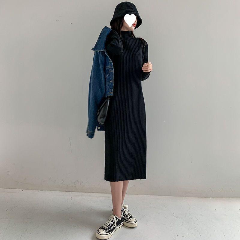 Autumn and winter with coat sweater skirt women's semi-turtleneck loose long-sleeved inner with medium and long bottom knee-length knitted dress