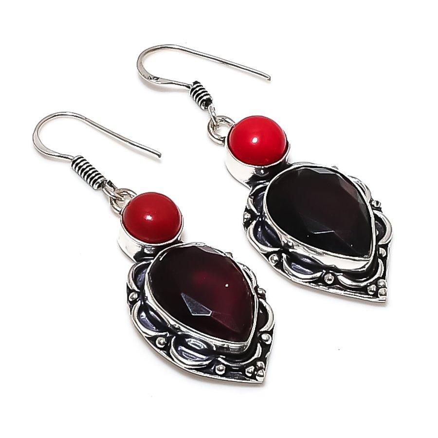 Natural Garnet, Coral Gemstone 925 Sterling Silver Jewelry Earring 2.09" U6C14